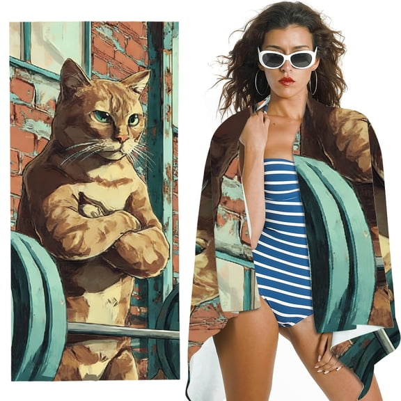 RKSupls Muscular Gym Cat Microfiber Beach Towel, Extra Large Quick Dry Lightweight Absorbent Towel for Travel Swimming Camping, Soft Super Absorbent- 30x60 in
