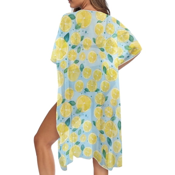 FKELYI Lemon Blue Print Women's Swimwear Cover Up Summer Beachwear Bikini Coverup Half Sleeve Kimono Cardigan Open Front Kimono Cover Ups Comfy Resort Wear