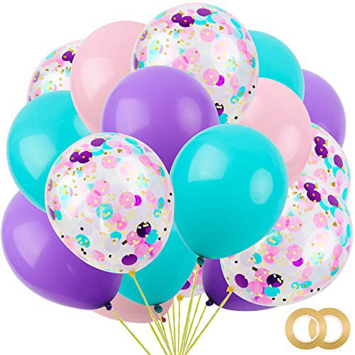RUBFAC 60pcs Mermaid Latex Balloons for Mermaid Parties Seafoam Blue Balloons and Purple Balloons with 2 Rolls of Ribbon 12 Inches Mixed Confetti Balloons