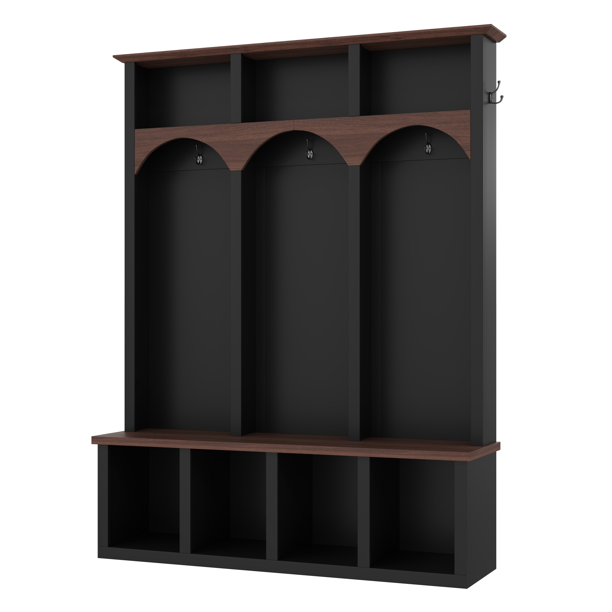 Euroco Farmhouse Wooden Style Hall Tree with Arched Design, Practical Entryway Walnut Storage Bench with 5 Black Hooks, Minimalist 4-in-1 Hallway Shoe Cabinet with 7 Cubbies