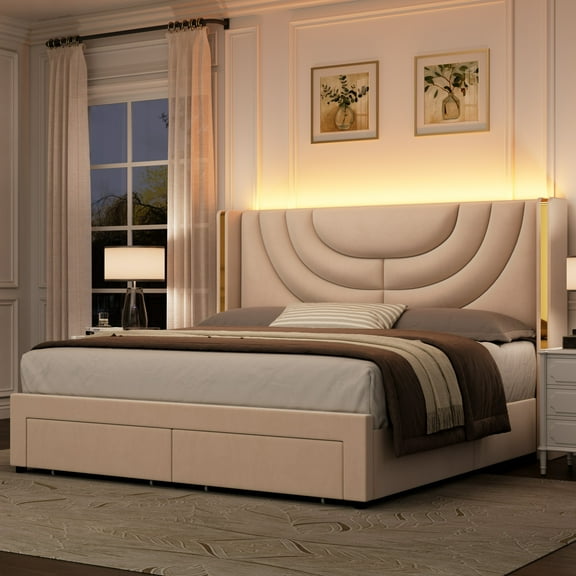 Homfa Queen Size LED Bed Frame with 2 Drawer Storage, Wingback Platform Bed with Velvet Upholstered Headboard, Off-White