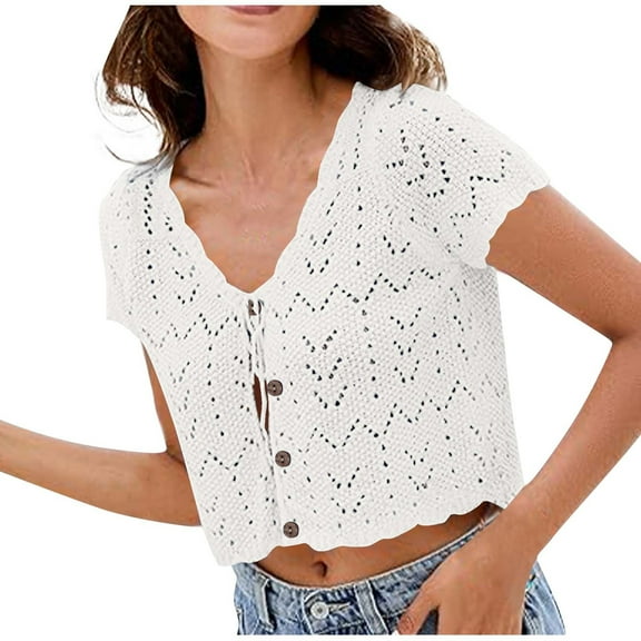 Women's White V-Neck Short Sleeve Knit Cardigan Sweater Lightweight Open Front for Layering