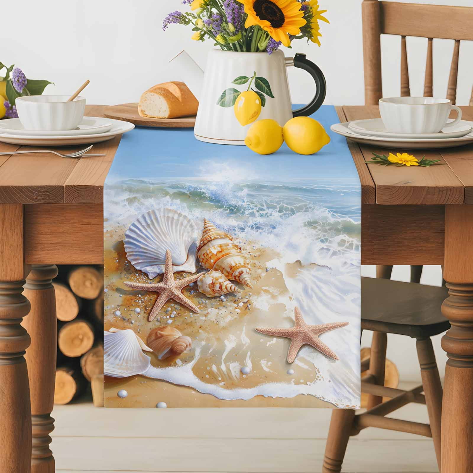Table Runner Seashell Starfish Table Decoration for Kitchen Dinning Beach Wave Table Decoration for Indoor Outdoor Party Wedding Decor 13x90 Inch