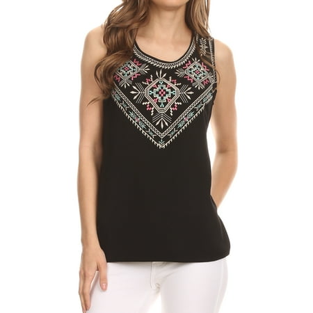 - Sakkas Elita Sleeveless Tank Top Batik Aztec Embroidered Shirt Blouse - Black - Small
