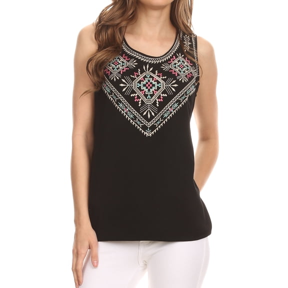 Sakkas Elita Sleeveless Tank Top Batik Aztec Embroidered Shirt Blouse - Black - Small