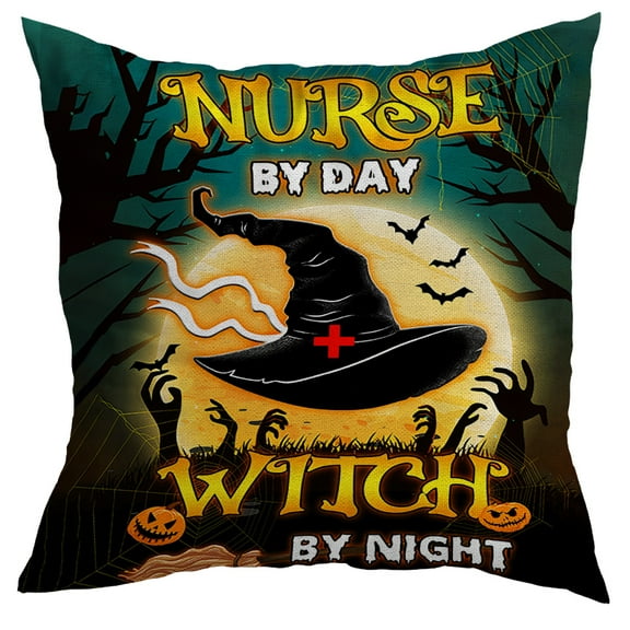 Halloween Pillows, Halloween Decoration Nurse by Day Witch by Night Witch Hat Pillow Insert, 12X12