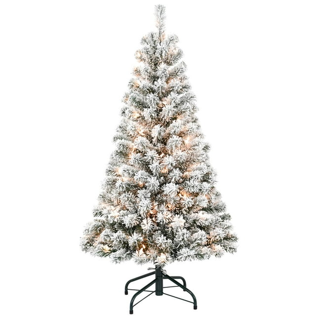Árbol de Navidad Liguanow, 4 pies, preiluminado con nieve, flocado con luces