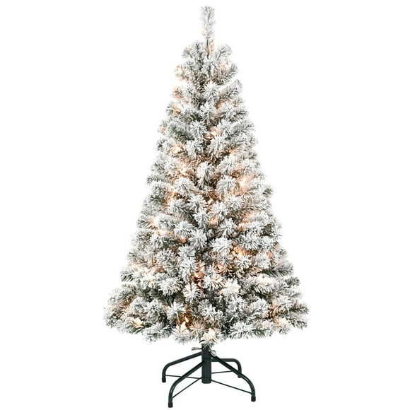 Árbol de Navidad Liguanow, 4 pies, preiluminado con nieve, flocado con luces