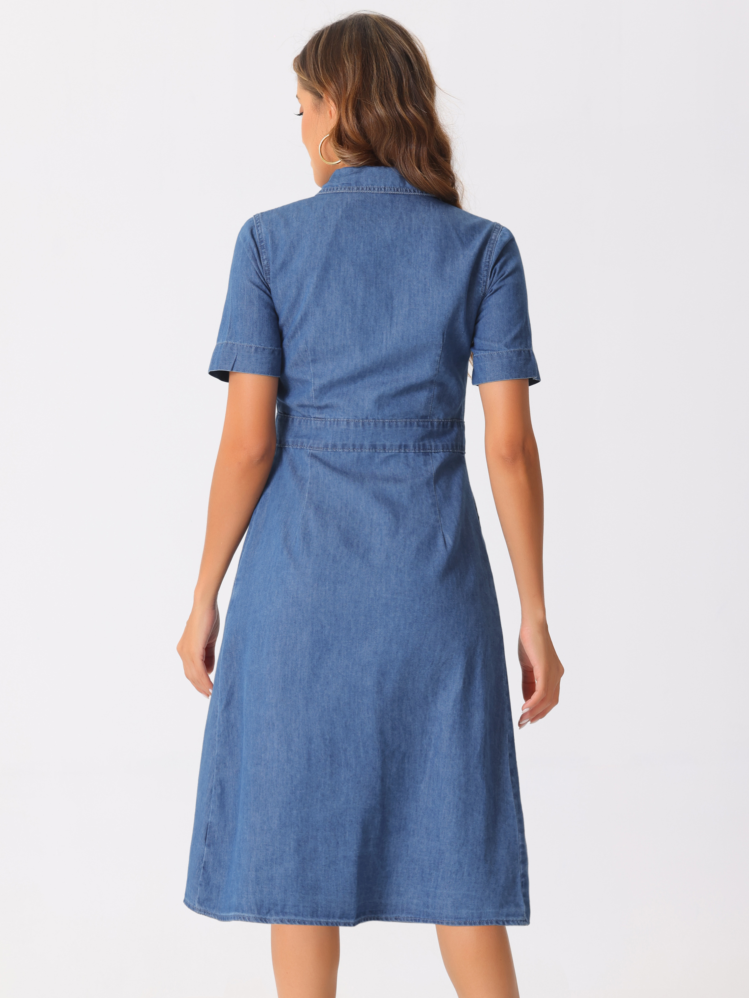 DARING DIVA Denim Collared Short Sleeve A-Line Midi Dress S Blue