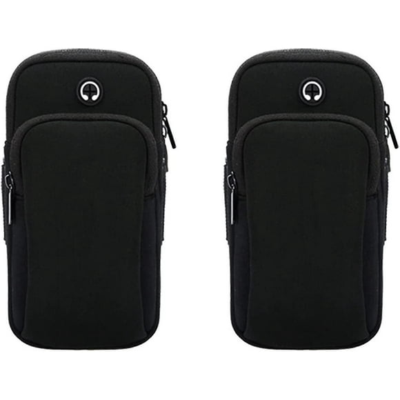 2 Pack Mobile Phone Armband Bag, Gym Bag, Outdoor Sport, Arm Bag with Headphone Jack and Two Pockets for Running, Fitness (Black)