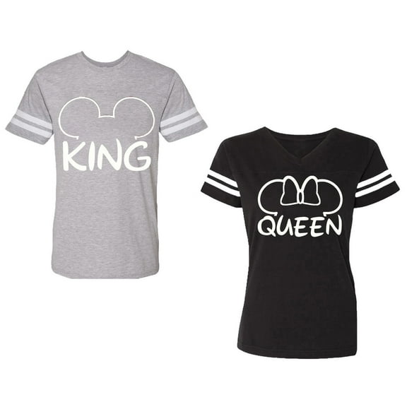 King Queen Ear Unisex Couple Matching Cotton Jersey style T-Shirt Contrasting stripes on sleeves (Men Heather / Women Black) (Men S / Women S)