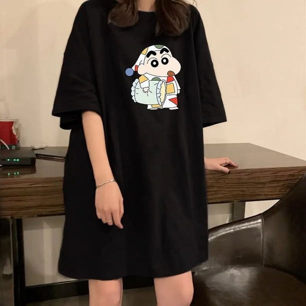Camisón de Anime Crayon Shin-Chan de dibujos animados coreanos Y2K para chica dulce, vestido de pijama de cuello redondo de algodón holgado a la moda de manga corta para verano