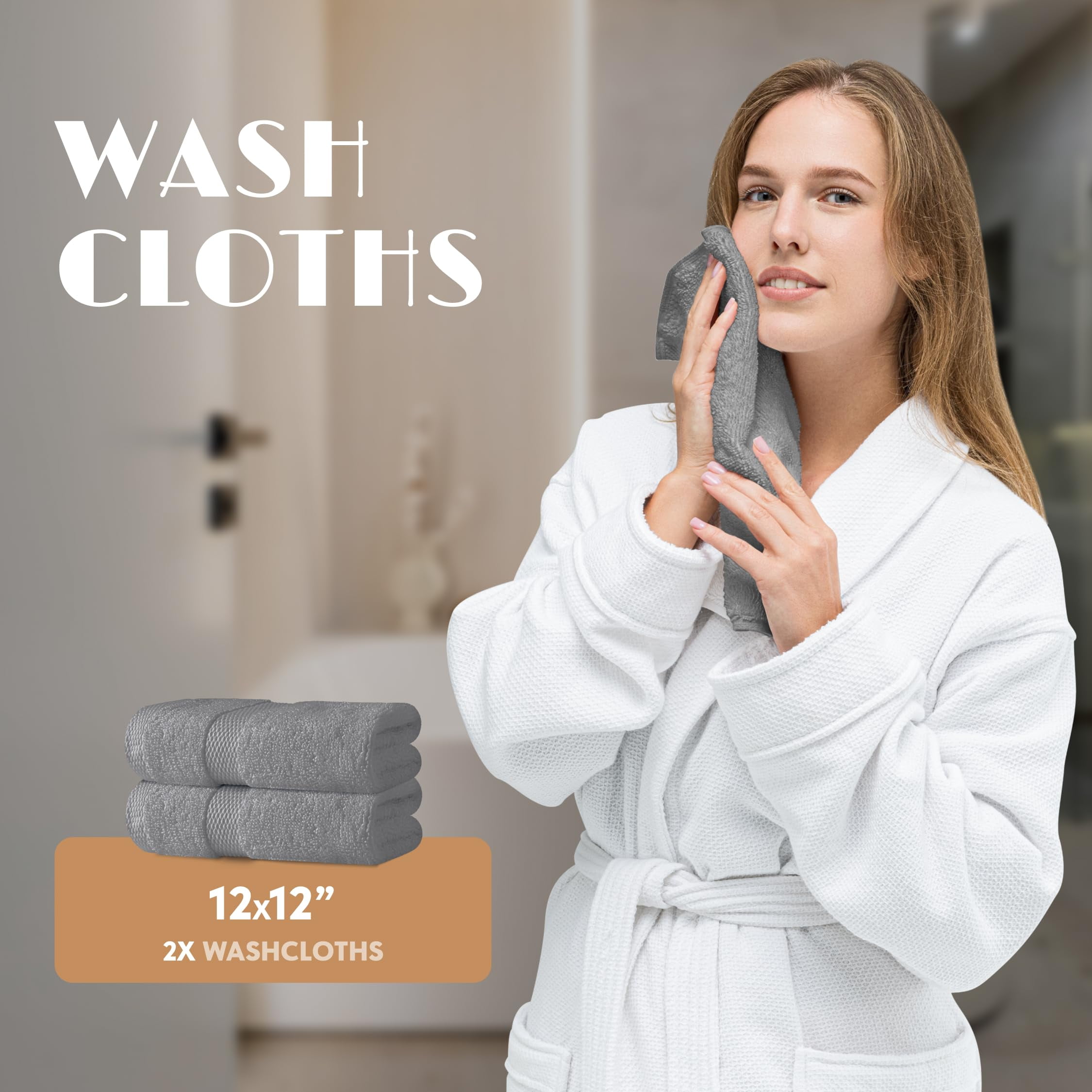 White Classic Light Gray Bath Towel Set of 6 - 100% Cotton Highly Absorbent Towels for Bathroom, 2 Luxury Bath Towels 650GSM, 2 Hand Towels, 2 Washcloths