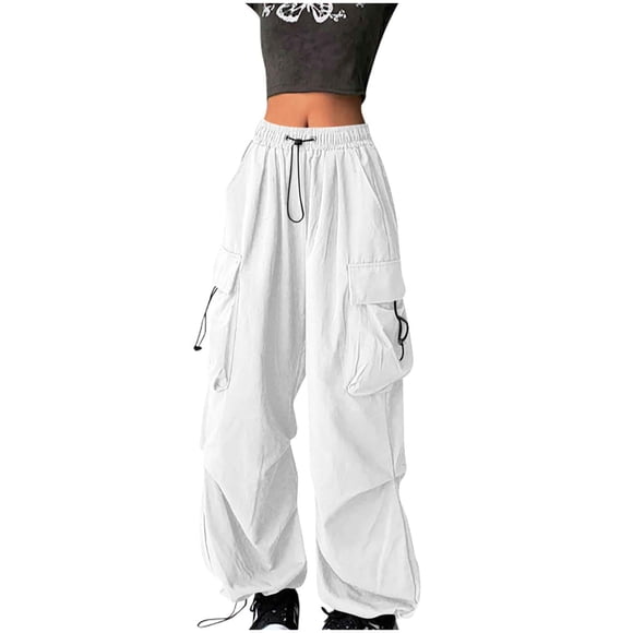 yardsong Women's High Waist Drawstring Baggy Parachute Cargo Pants - Solid Y2K Streetwear Casual Trousers with Multi Pockets White,XL