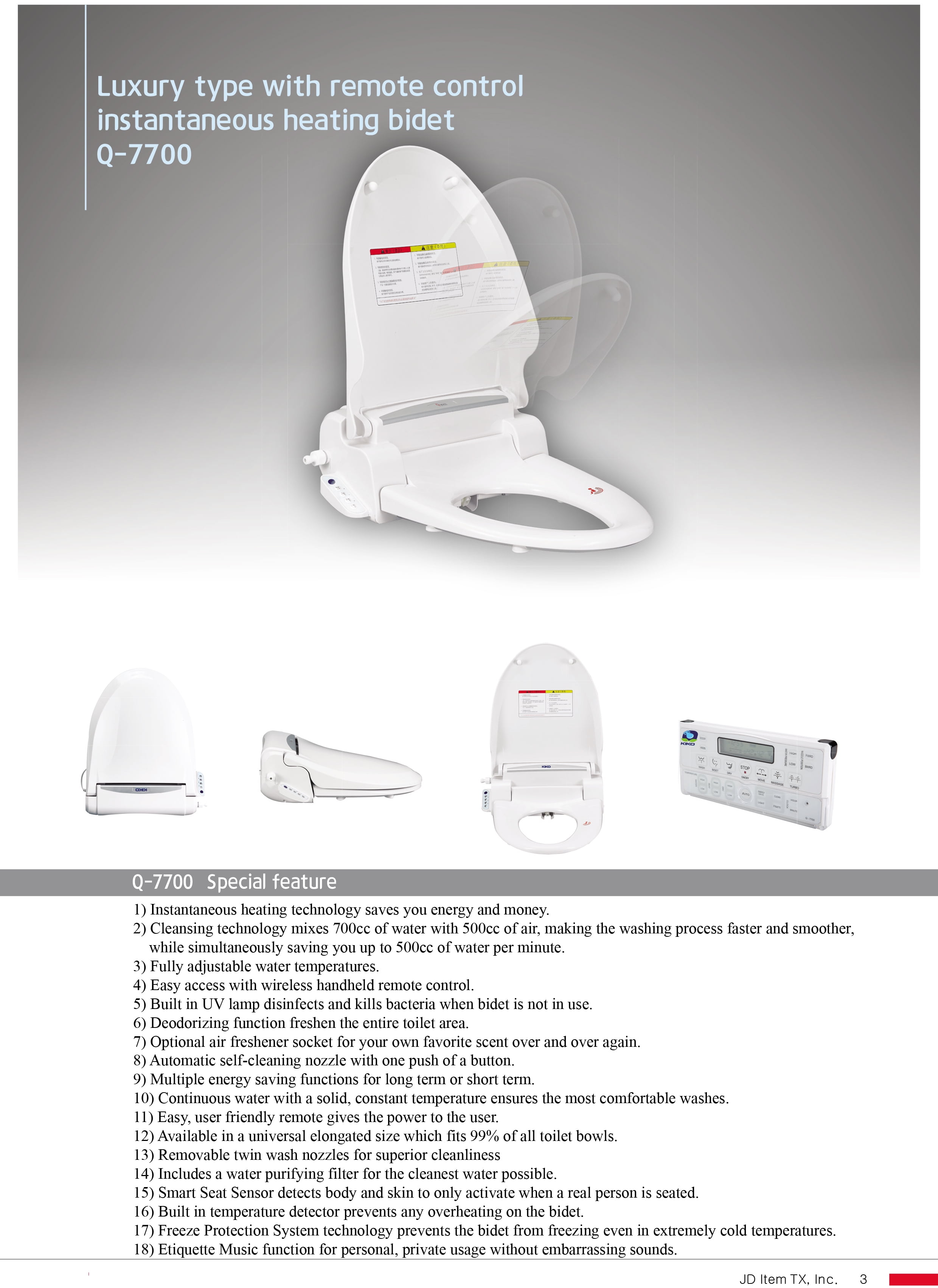 KIKO Q-7700L Premium Electric Elongated Toilet Bidet Seat 55 Functions Wireless Remote in Elongated