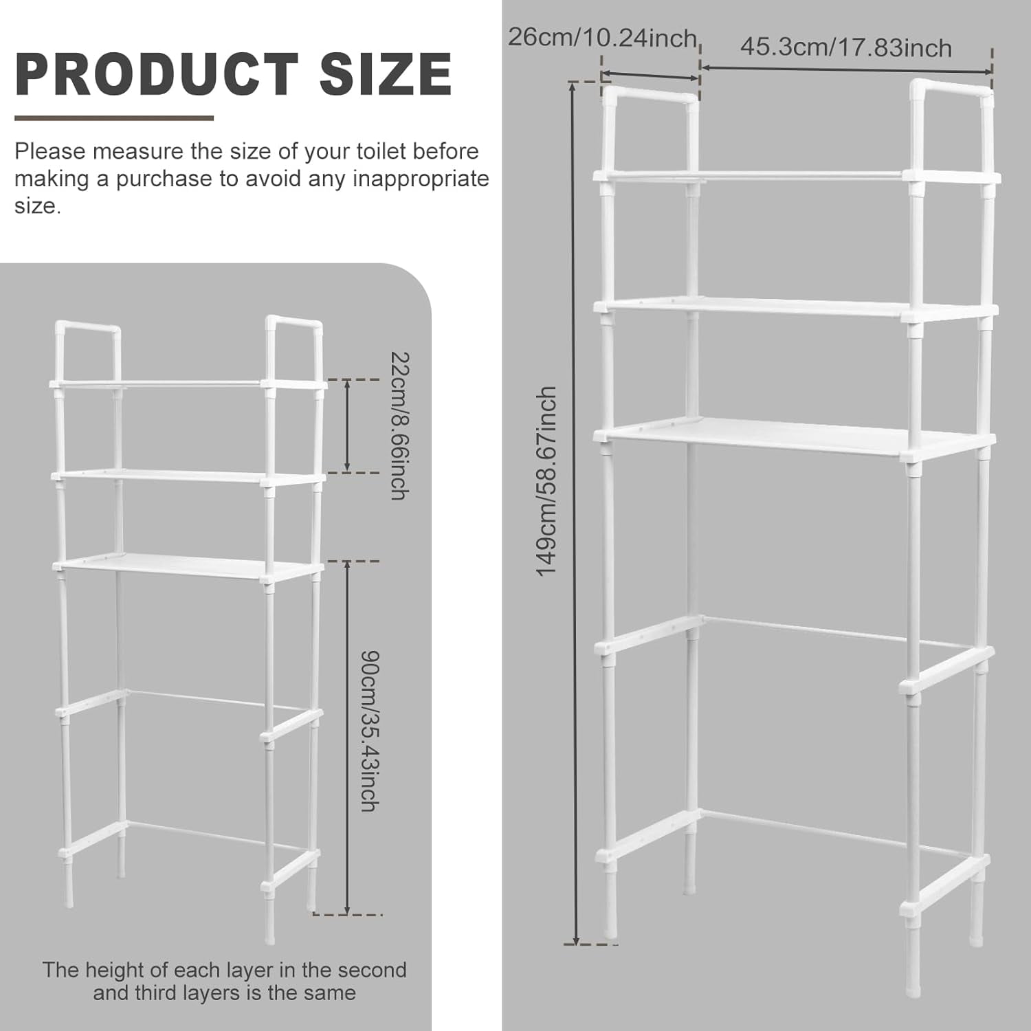Arcticice 3-Tier Over the Toilet Plastic Storage Rack – Freestanding Metal Bathroom Organizer Shelf for Bath, Laundry  Above-Toilet Space,white