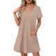 thumbnail image 1 of Vestido Corto de Verano de Moda de Color Sólido Vestido Casual de Cuello en V de Manga Corta, Desgaste Ligero de Poliéster para las Mujeres, Lavado de Manos, 1 of 7