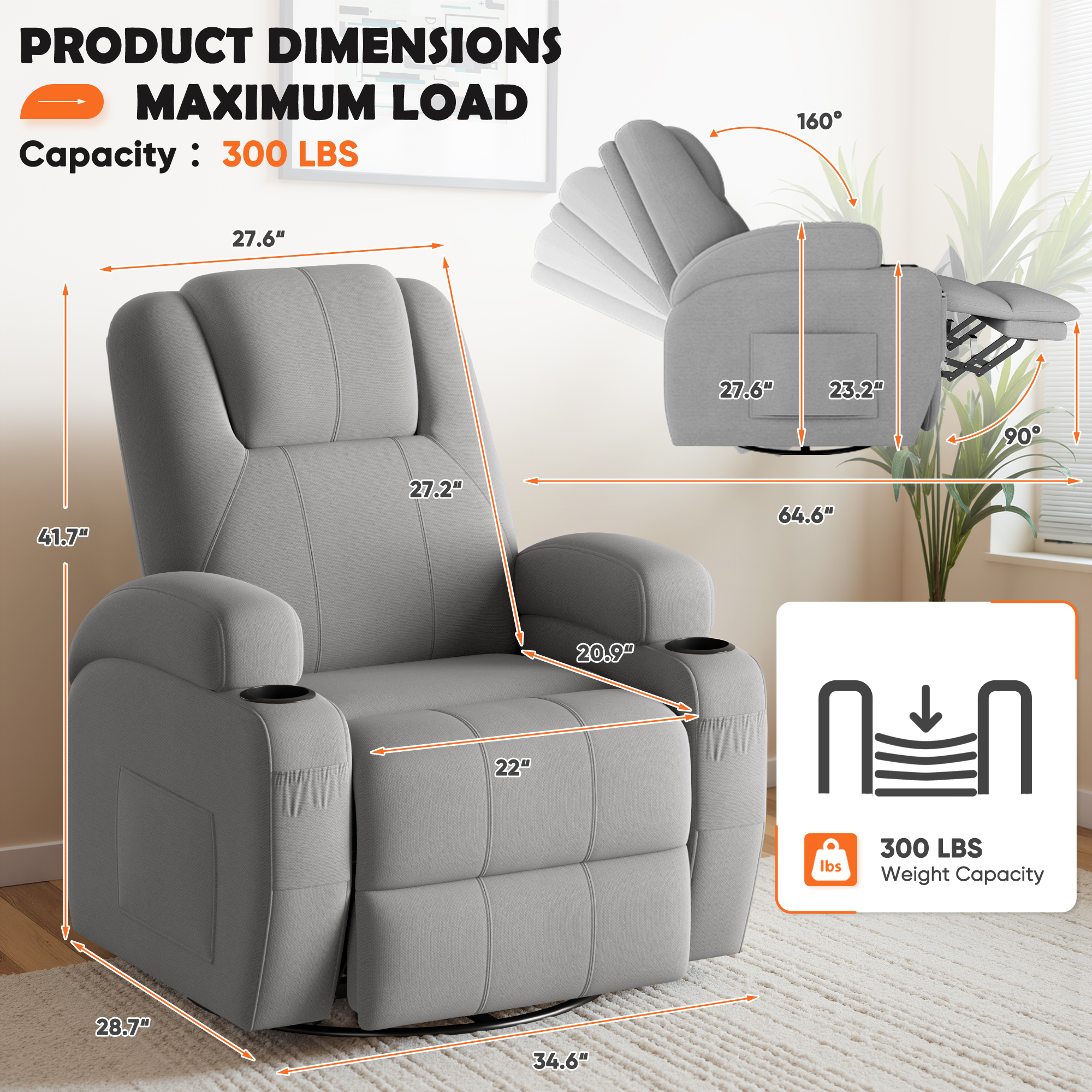Furmax 360° Swivel Rocking Chair Power Massage Recliner With nursing Needs Oversized Furniture For Living Room,Gray