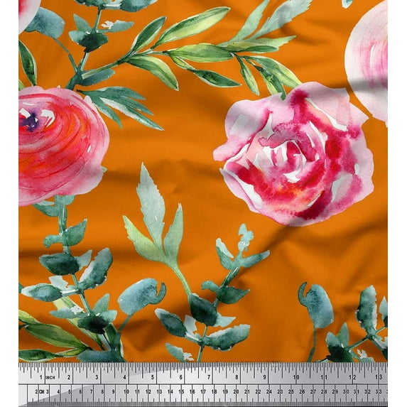 Soimoi Gold Cotton Voile Fabric Leaves & Floral Printed Craft Fabric by The Yard 42 Inch Wide
