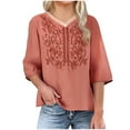 thumbnail image 2 of Dazajoo Womens Embroidered Tops Cotton Linen Shirts Vintage Boho Ethnic Style Peasant Tee Casual 3/4 Sleeve V Neck Tunic Tshirt,Red,XXL, 2 of 6