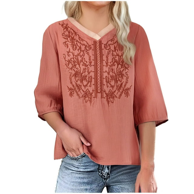 Tnhcen T-Shirts Col Rond Brodés en Coton-Lin Vintage d'Été pour Femmes / Grande Taille P-2TG / Hauts Unis