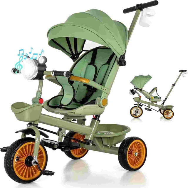 Triciclo para Niños 8 En 1, Asiento Giratorio 360°, Apto para Niños de 6 Meses a 6 Años, Equipado con Capota Ajustable y Asa de Empuje, Cinturón de
