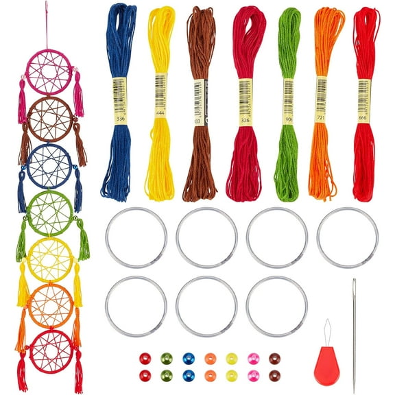 Yarn Dream Catchers Kit Chakra Dream Catcher with Multi Color Fringes Traditional Dreamcatcher Rainbow Colors Wall Hanging Decor