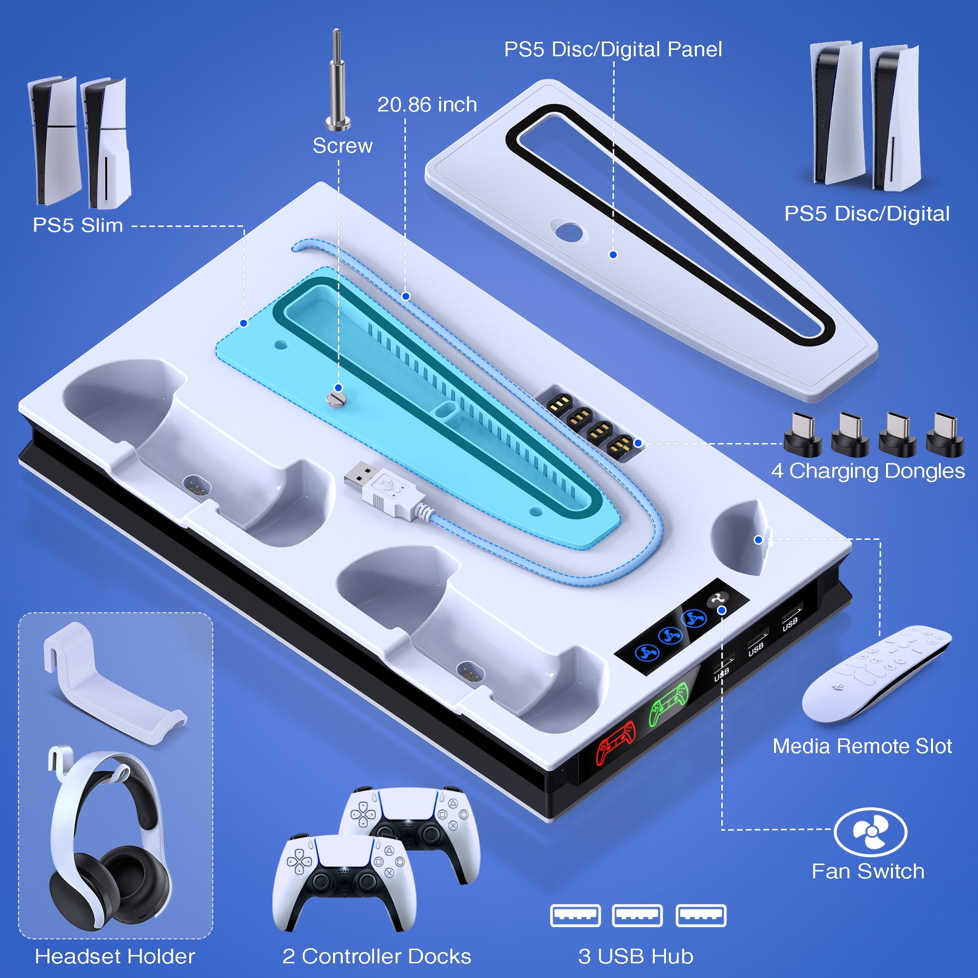 PS5 Stand Cooling Fan for PS5 Slim PS5 Pro with Dual PS5 Controller Charger,ESYWEN PS5 Accessories,PS5 Cooling Station for PlayStation 5 Disc & Digital Editions & PlayStation 5 Accessories-White