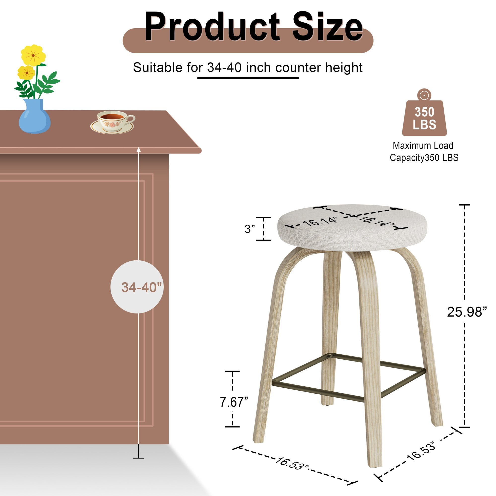 AENKYO 26" Swivel Bar Stools Set of 2, Counter Height Island Stools for 34"-40" Counters, Fabric Padded, Beige