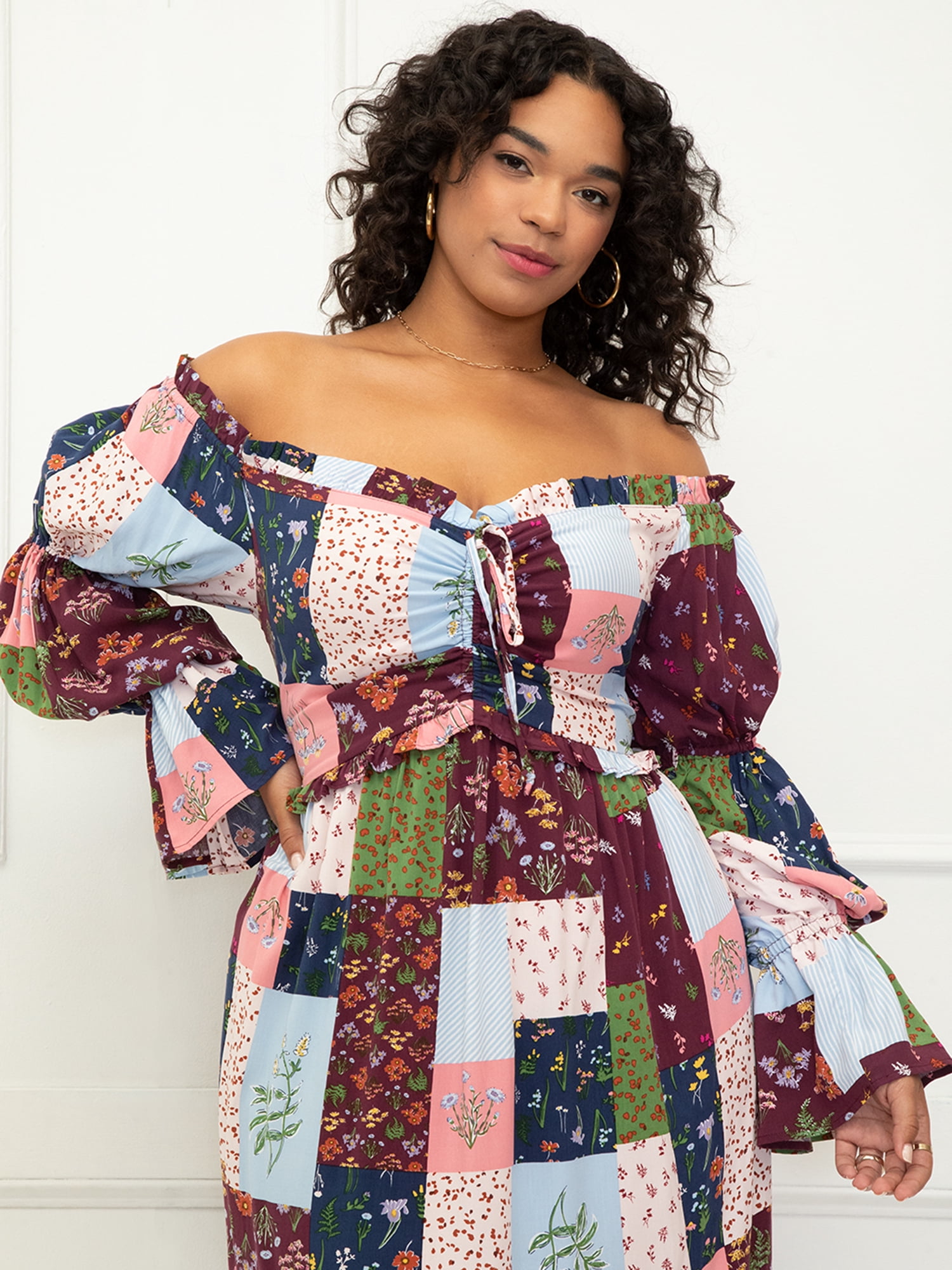 ELOQUII Elements Women's Plus Size Off The Shoulder Maxi Dress With Cinch