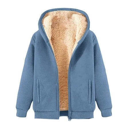 Atogsazn Women s Fleece Lined Hoodies Full Zip Hoodie Long Sleeve Sweatshirt Sherpa Winter Clothing Tops 01-Blue XL Fashion