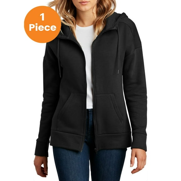 District Clothing DT1104 District Women's Perfect Weight Fleece Drop Shoulder Full-Zip Hoodie , Jet Black, S, Womens Hoodies
