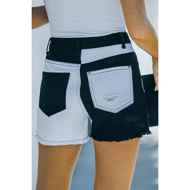 ABPHQTO Shorts de mezclilla color block desgastados negros para mujer