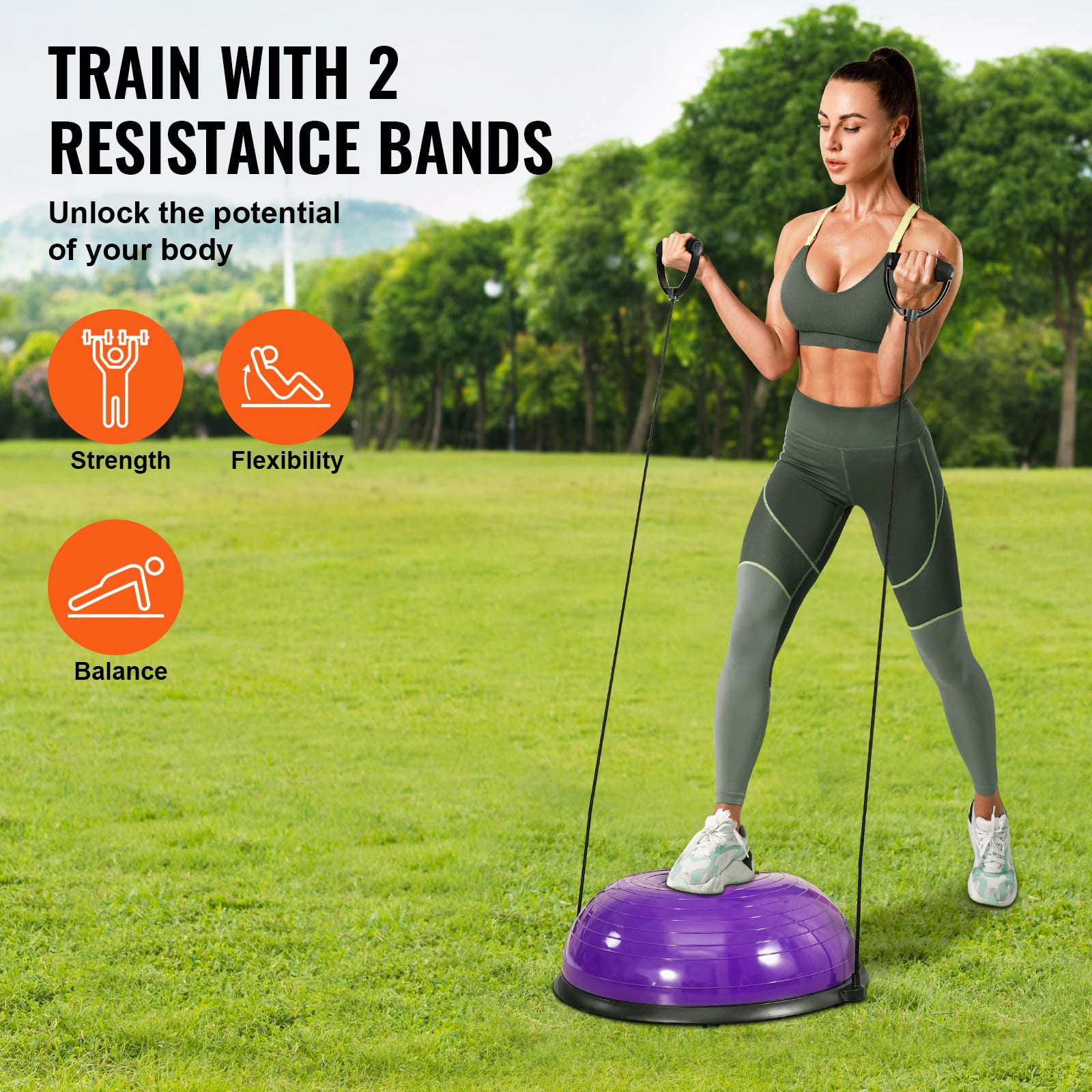 KFFKFF Semi Fitness Ball Equipment, 23-inch Equilibrium Ball Device, 660lbs Capacity Ball, Yoga Sphere with Resistance Loops & Foot Inflator, for Domestic Gym, Comprehensive Body Exercise, Violet