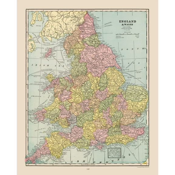 Historic Map - England Wales - Cram 1892 - Vintage Wall Art
