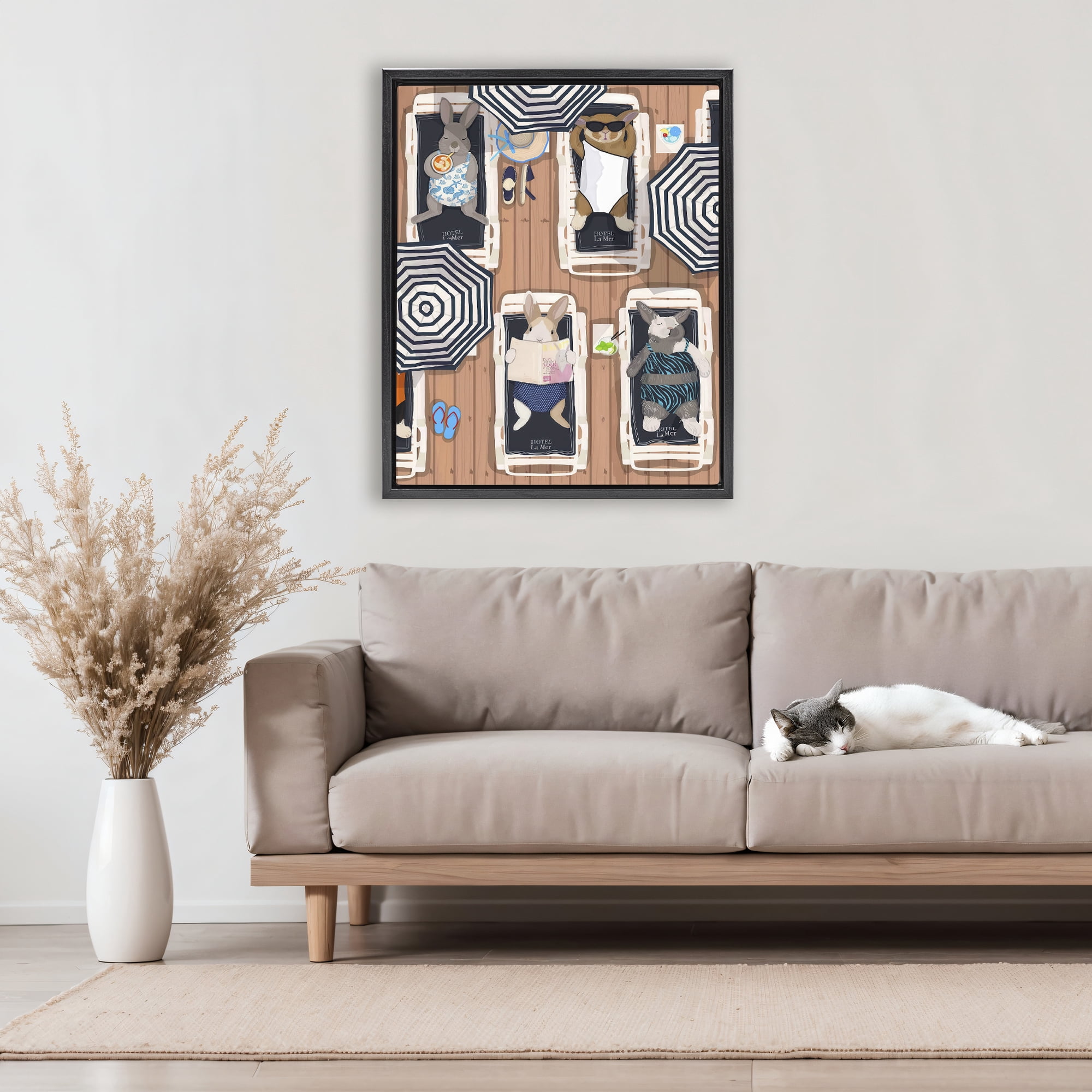 Stupell Industries Rabbits at Hotel La Mer Black Framed Floater Canvas Wall Art, design by Hanna Melin