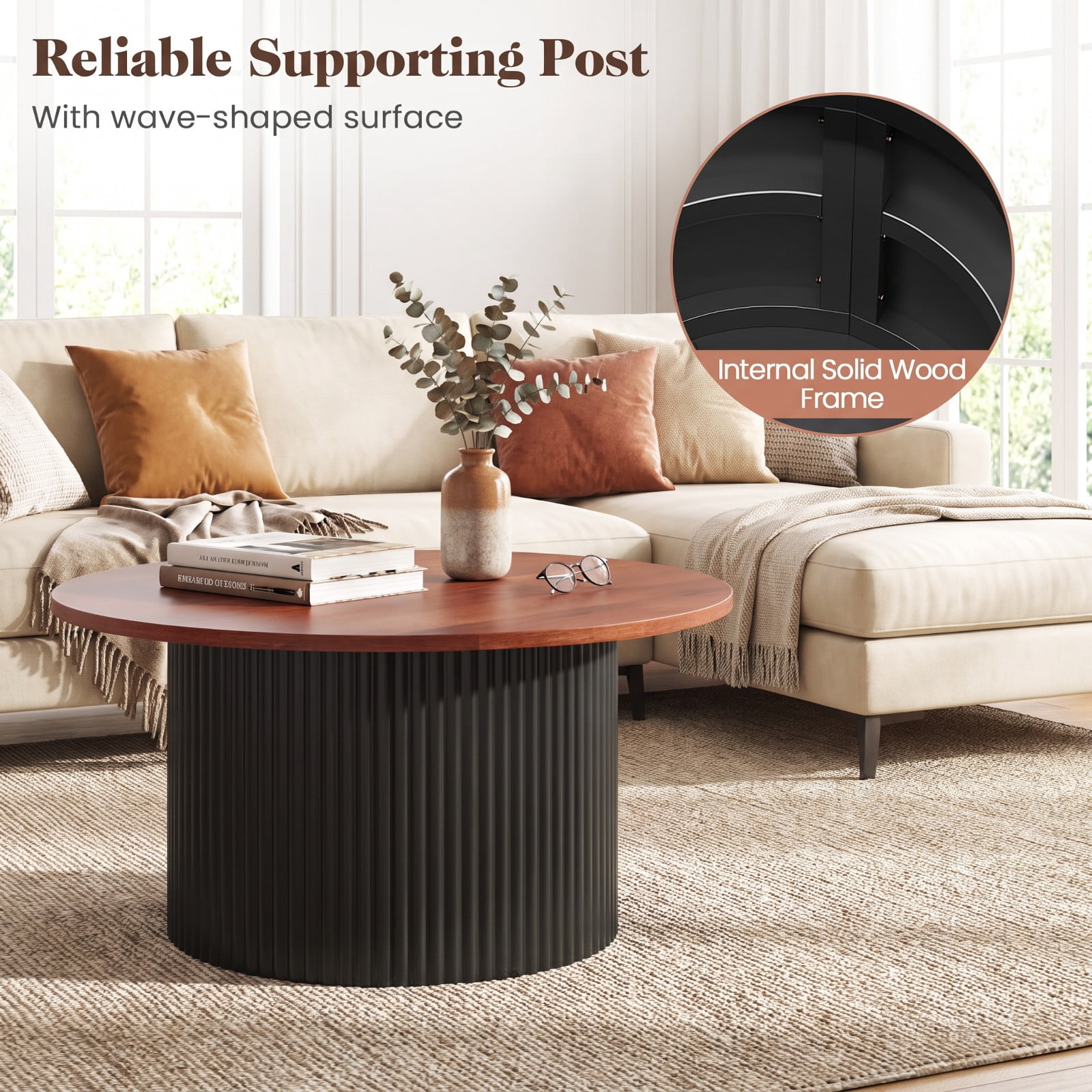 Furnibear Round Coffee Table with Solid Wood Frame and Wooden Top for Living Room and Reception Room 32 Inch Center Table, Walnut