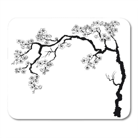 Tree Cherry Branches with Flowers Black and White Coloring Book Sakura Plant Silhouette on Drawing Mousepad Mouse Pad Mouse Mat 9x10 inch