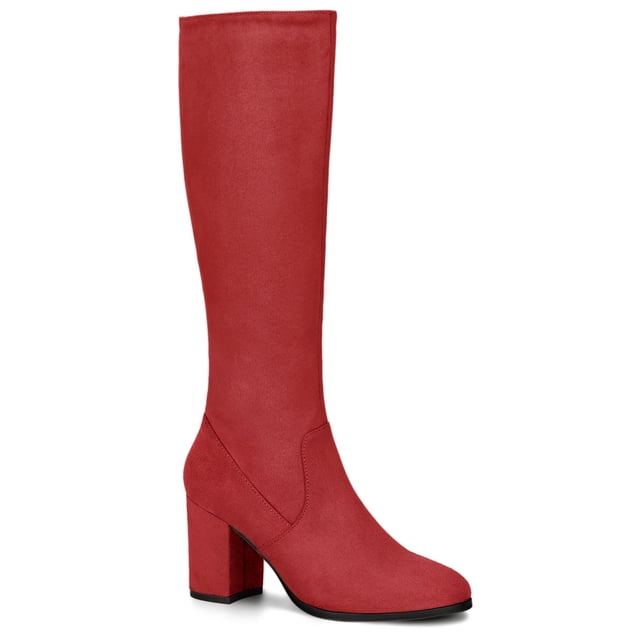 Unique Bargains Bottes Hauteur Genou à Talon Bloc à Bout Rond pour Femmes Rouge 6