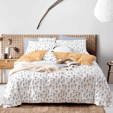 Nayoroom 100% Organic Cotton Duvet Cover Set, 3 Pieces Colorful Floral Leaves White Reversible Soft Bedding Set Queen