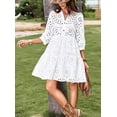 thumbnail image 4 of utcoco Women's 2026 Eyelet Lace Midi Dress V Neck Puff 3/4 Sleeve Button Tiered Sexy A Line Sun Dress, 4 of 5