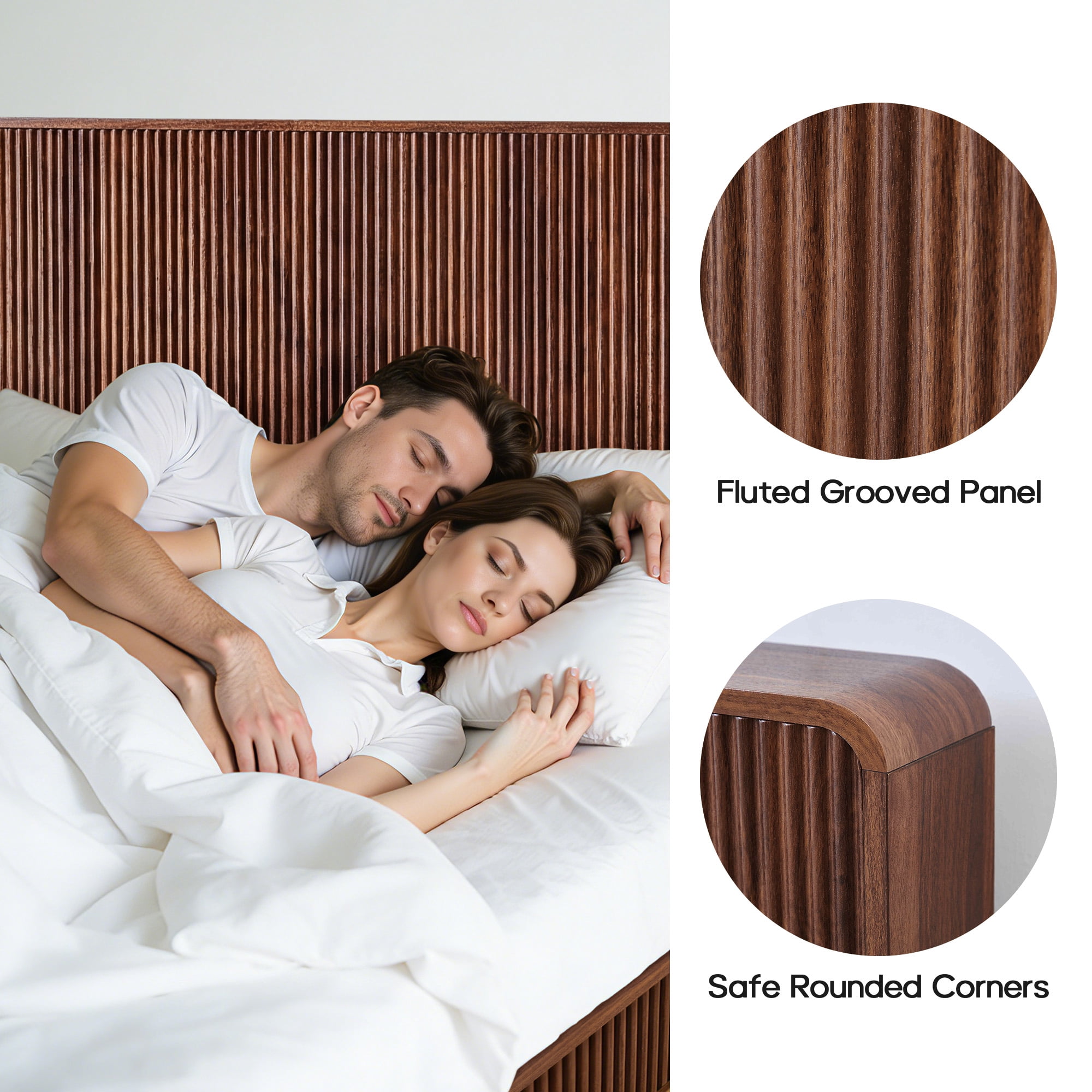 YOCWO Headboard for Queen Size Bed with Charging Station, Fluted Grooved Panel Head Board with Rounded Corners, Walnut, Headboard Only(Bed Frame Not Included)