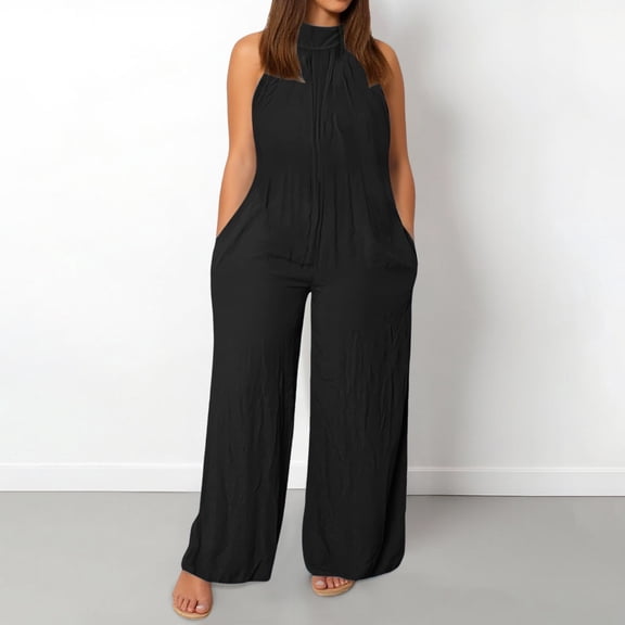 Plus Size Womens Casual Sleeveless Loose Solid Jumpsuits Baggy Stretchy Long Pant Romper Overalls With Pockets Seasonal Attire Hang Neck Net Yarn Splicing Wide Leg Jumpsuit Pocket Romper Women Womens