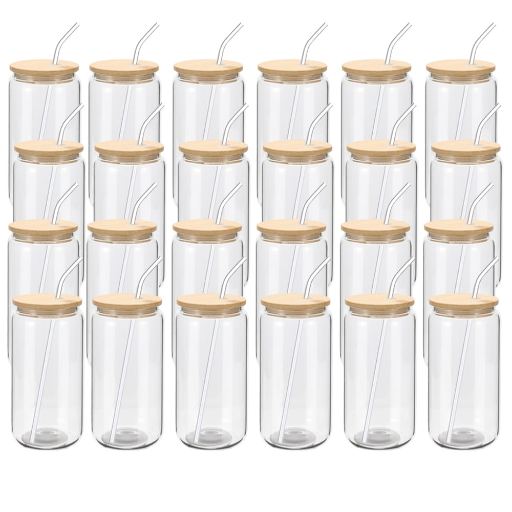 24 Pack Beer Glass Cups with Bamboo Lids and Glass Straws Beer Can Shaped Drinking Glasses Cups 16oz