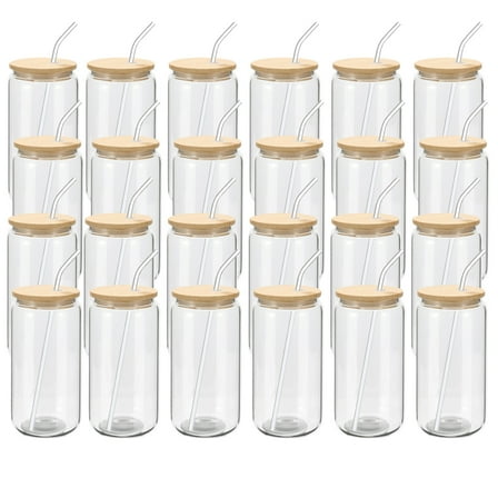 24 Pack Beer Glass Cups with Bamboo Lids and Glass Straws Beer Can Shaped Drinking Glasses Cups 16oz