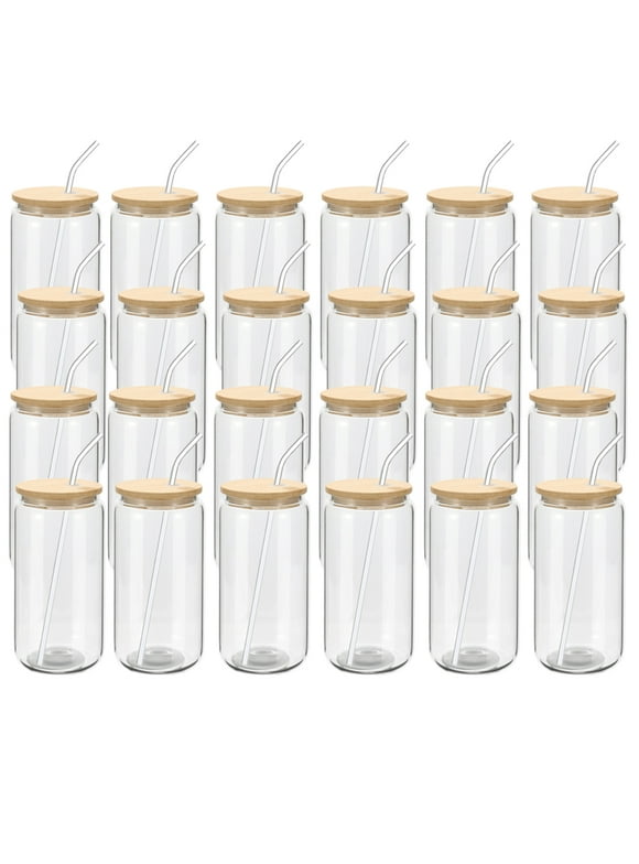 24 Pack Beer Glass Cups with Bamboo Lids and Glass Straws Beer Can Shaped Drinking Glasses Cups 16oz