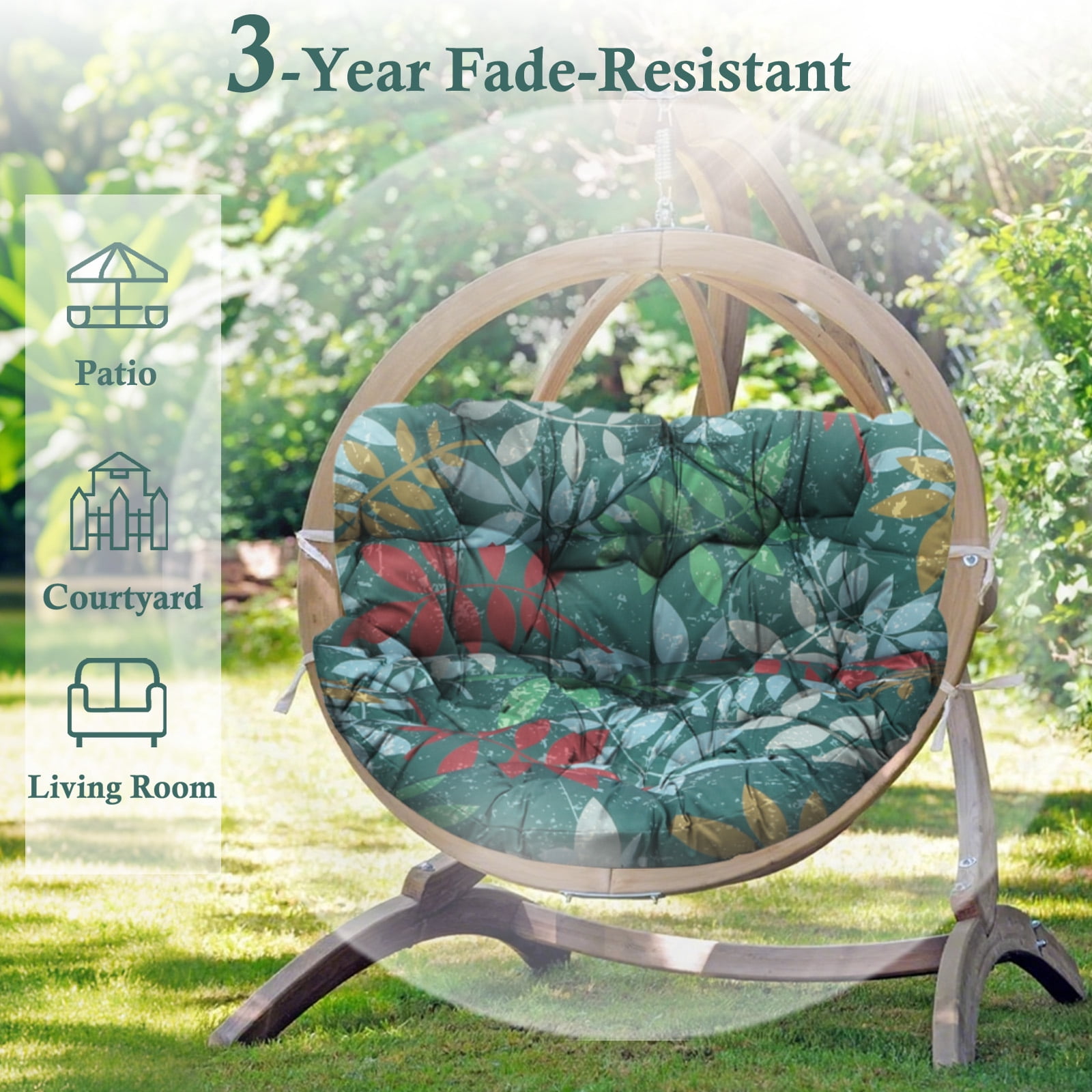 Egg Chair Cushion Replacement Waterproof – Outdoor Rocking Chair Cushions 6.3" Thick UV Resistant with 6 Straps for Patio, Balcony, Garden, Green Flower