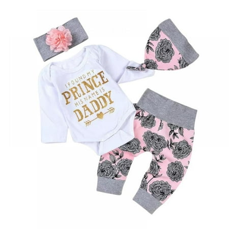 

Baby Newborn Longsleeve Outfit Set Baby Girl Clothing Kids Outfits Clothes Romper Bodysuit+Flower Printed Pants+Headband+Hat Set