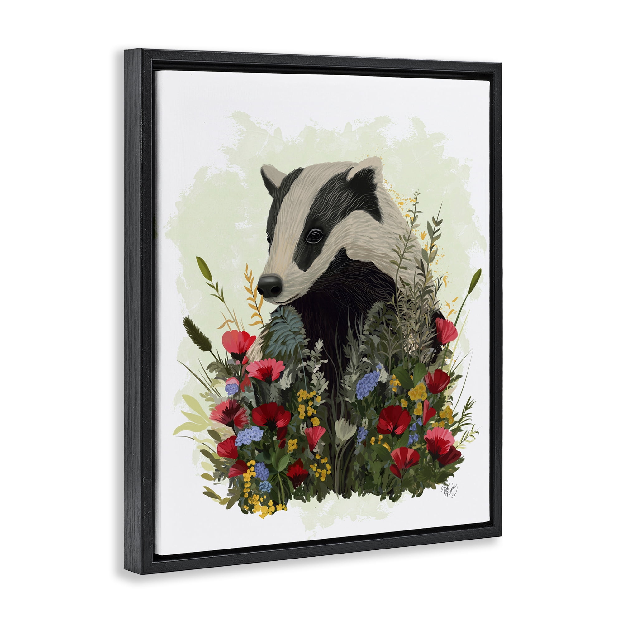 Stupell Industries Badger with Poppy Blossoms Animals & Insects Painting Black Floater Framed Canvas Art Print Wall Art, 25 x 31