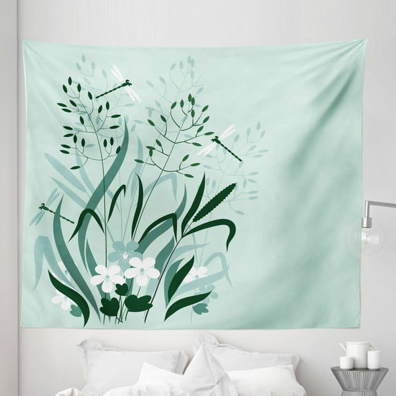 Floral Tapestry, Wild Grass and Dragonflies in Exquisitely Growing Lawn Herb Bush Rural Pattern, Fabric Wall Hanging Decor for Bedroom Living Room Dorm, 5 Sizes, Pale Green, by Ambesonne